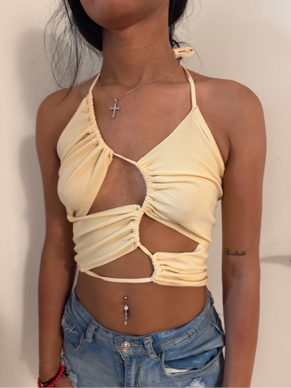 Zara Pale Yellow Ruched Cutout Halter Crop Top